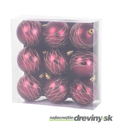 Gule MagicHome Vianoce, 9 ks, bordové, matné, s dekoráciou, na vianočný stromček, 6 cm