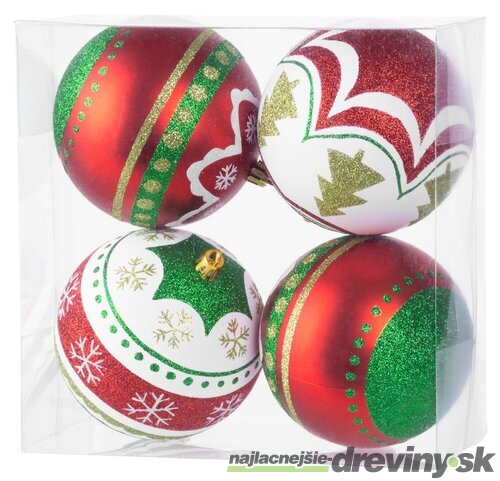 Gule Vianoce, 4 ks, červeno - zelené, s ornamentami, na vianočný stromček, 10 cm