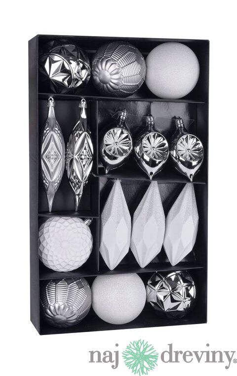 Gule Vianoce, set, 16 ks, bielo - strieborné, na vianočný stromček, 8-15 cm