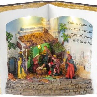 Luxusná vianočná dekorácia, Betlehem v knihe, farebná, 3 LED, 3xAA, interiér