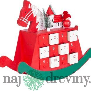 Luxusná vianočná dekorácia, Drevený adventný kalendár - koník, 2x LED, 2xAAA, 34,50x12x28 cm