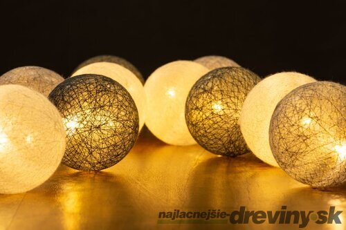 Reťaz Cotton Balls 3 shades, 10x LED, PE/bavlna, 2xAA, jednoduché svietenie, osvetlenie, L-1,35 m