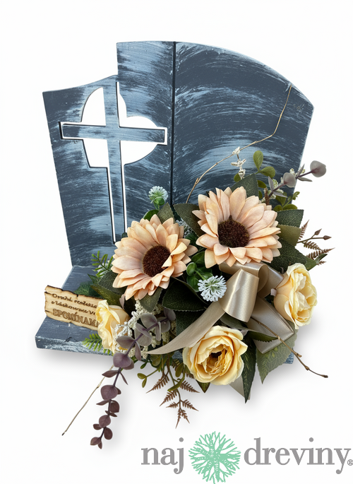 Spomienková dekorácia s krížom a slnečnicami
