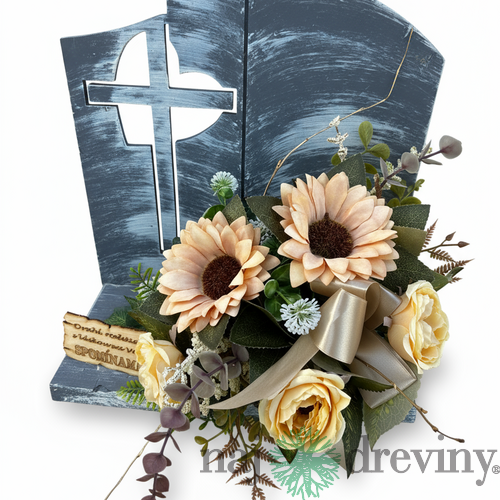 Spomienková dekorácia s krížom a slnečnicami