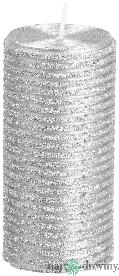 Sviečka MagicHome Vianoce, 5x9,5 cm, valcová, strieborná, s glitrami