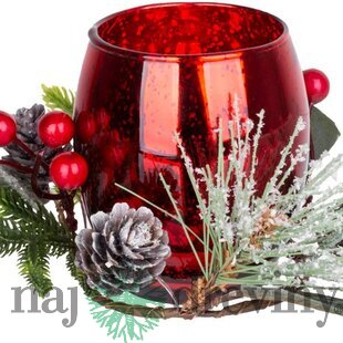 Svietnik MagicHome Vianoce, 15,3x15,3x10 cm, červený, s čečinou, imitácia dreva