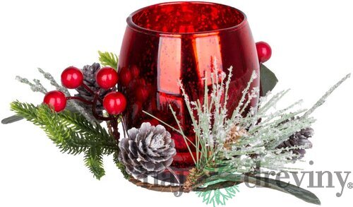 Svietnik MagicHome Vianoce, 15,3x15,3x10 cm, červený, s čečinou, imitácia dreva