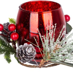 Svietnik MagicHome Vianoce, 15,3x15,3x10 cm, červený, s čečinou, imitácia dreva