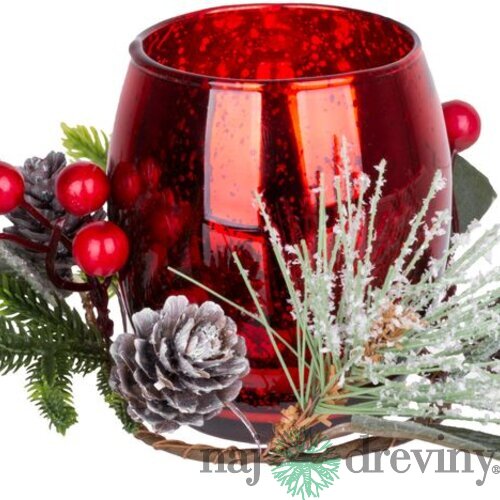 Svietnik MagicHome Vianoce, 15,3x15,3x10 cm, červený, s čečinou, imitácia dreva