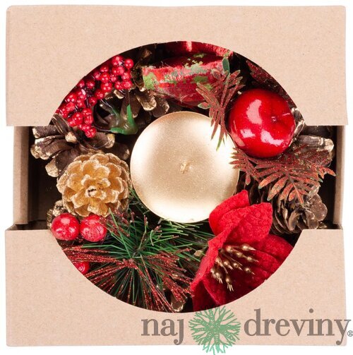 Svietnik MagicHome Vianoce, s čečinou a kvetom, prírodný, 15 cm