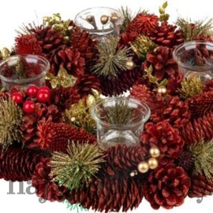 Veniec MagicHome Vianoce, prírodný, červený, adventný, 37x9 cm