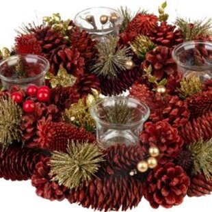 Veniec MagicHome Vianoce, prírodný, červený, adventný, 37x9 cm