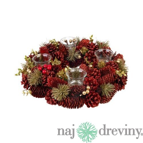 Veniec MagicHome Vianoce, prírodný, červený, adventný, 37x9 cm