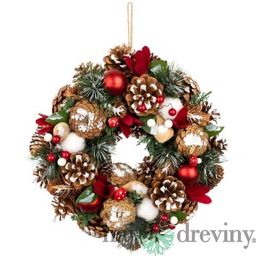 Veniec MagicHome Vianoce, prírodný, závesný, s čečinou a muchotrávkami, 30x8 cm