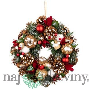 Veniec MagicHome Vianoce, prírodný, závesný, s čečinou a muchotrávkami, 30x8 cm