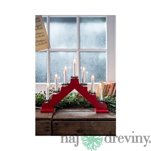 Vianočný svietnik, 7x LED teplá biela, červený, 2xAA, interiér, 39x31 cm
